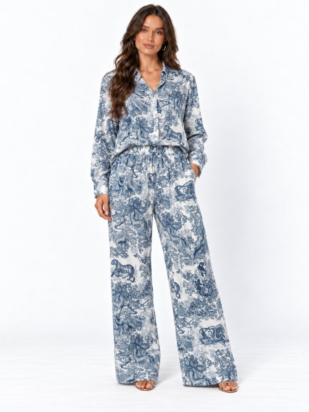 Blue White Jungle Toile Shirt Wide Leg Pants Set Vacation Resort NWT M L Outfit